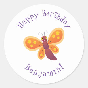 Pegatina Redonda Ilustracion de personalizado de mariposa naranja f