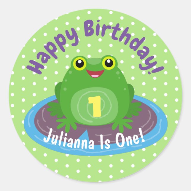 Pegatina Redonda Ilustracion de personalizado de rana verde kawaii  (Anverso)