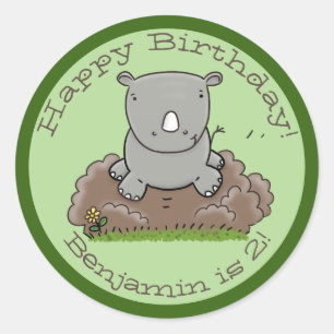 Pegatina Redonda Ilustracion de personalizado verde de rinoceronte 