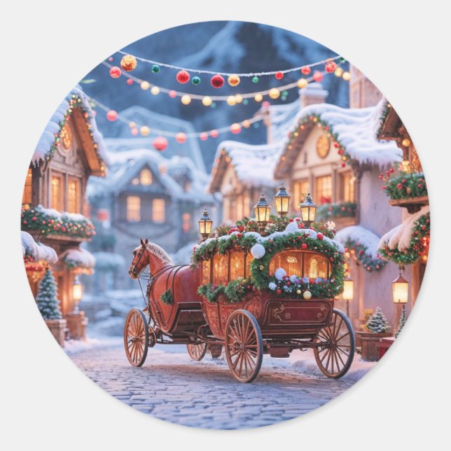 Pegatina Redonda Ilustración de pueblo navideño (Anverso)