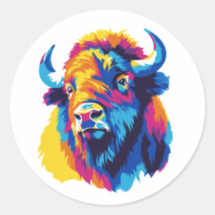 Pegatina Redonda Ilustración de retrato de bisonte Pintura de acuar