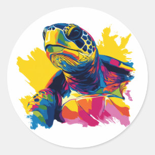 Pegatina Redonda Ilustración de retrato de tortuga Pintura de acuar
