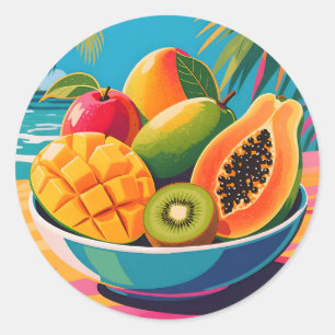 Pegatina Redonda Ilustración de Tazón de Frutas Tropicales