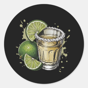 Pegatina Redonda Ilustración de tequila con sal y lima
