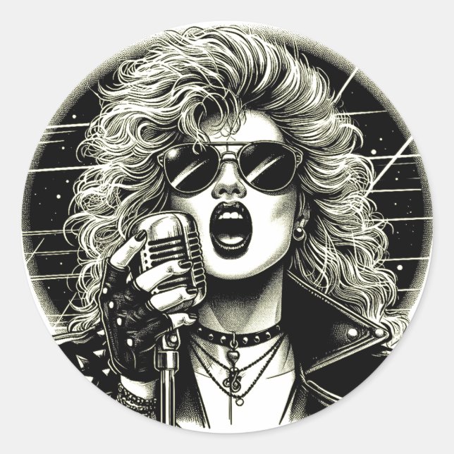 Pegatina Redonda ilustracion de tinta femenina cantante Rocker Chic (Anverso)