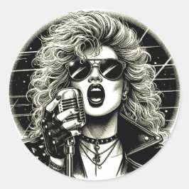 Pegatina Redonda ilustracion de tinta femenina cantante Rocker Chic