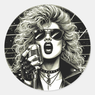Pegatina Redonda ilustracion de tinta femenina cantante Rocker Chic