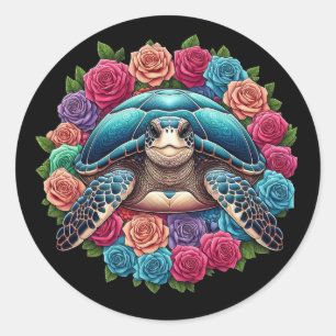 Pegatina Redonda Ilustracion de tortuga colorida rodeado de Rosas