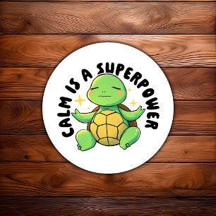 Pegatina Redonda Ilustración de Tortuga Meditando Adorable Salud Me