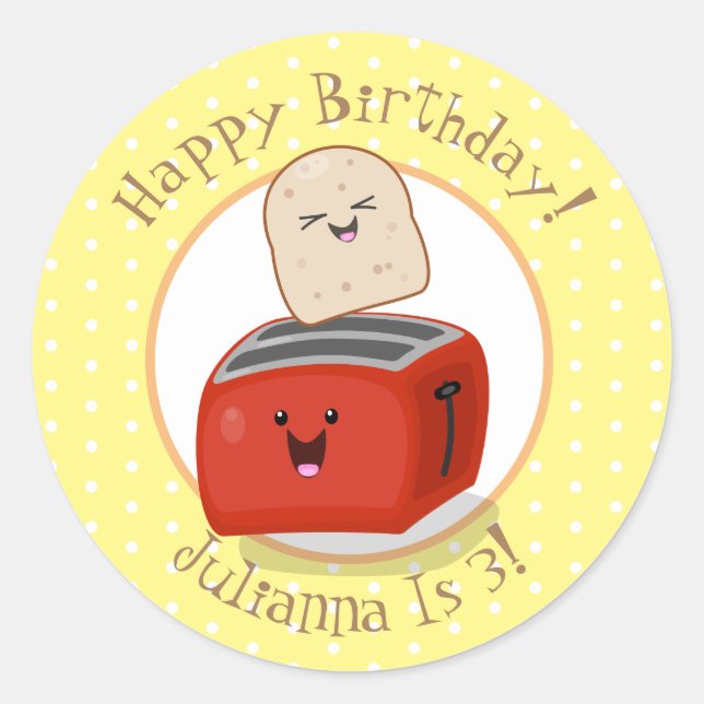 Pegatina Redonda Ilustracion de tostadora de kawaii feliz (Anverso)