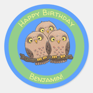 Pegatina Redonda Ilustracion de trío de búho lindo