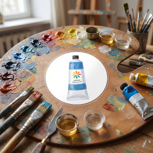 Pegatina Redonda Ilustración de tubo de pintura azul acuarela