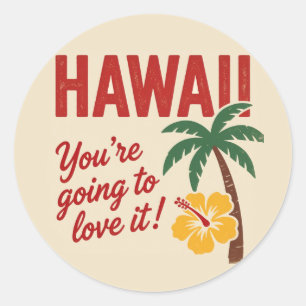 Pegatina Redonda Ilustración de viaje de las Islas Hawaianas Retro