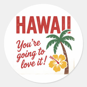 Pegatina Redonda Ilustración de viaje de las Islas Hawaianas Retro
