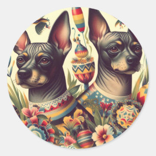 Pegatina Redonda Ilustracion de Xoloitzcuintle