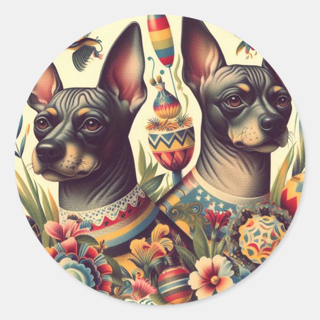 Pegatina Redonda Ilustracion de Xoloitzcuintle (Anverso)