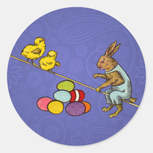 Pegatina Redonda Ilustración del conejo de Pascua poniendo huevos
