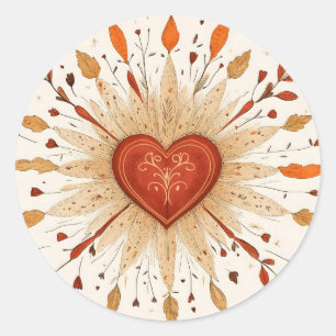 Pegatina Redonda Ilustracion del corazón otoñal de Boho