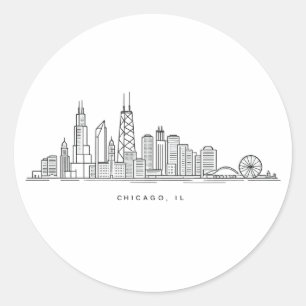 Pegatina Redonda Ilustración del paisaje urbano de Chicago IL