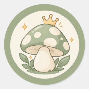 Pegatina Redonda Ilustración del rey hongo verde Cottagecore lindo