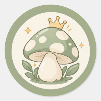 Pegatina Redonda Ilustración del rey hongo verde Cottagecore lindo