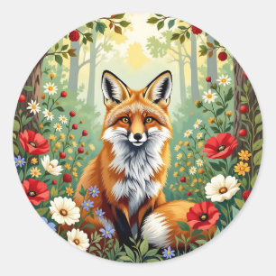 Pegatina Redonda Ilustración del zorro en el bosque de flores silve
