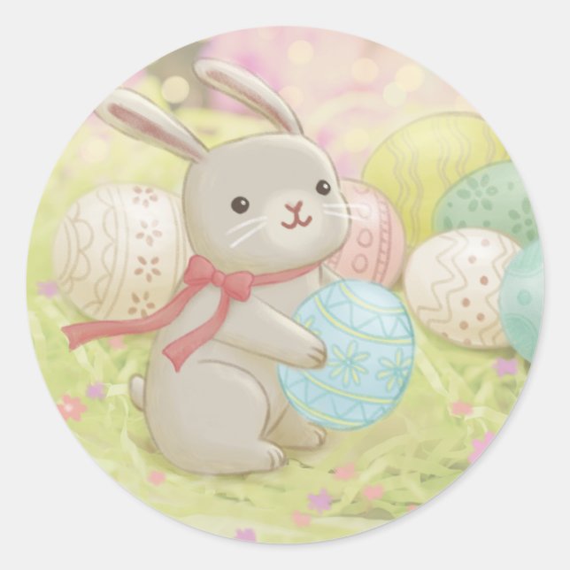 Pegatina Redonda Ilustracion Easter Bunny & Easter Eggs (Anverso)