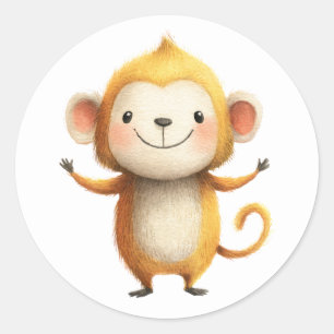 Pegatina Redonda Ilustración en Acuarela de Mono Adorable Minimalis