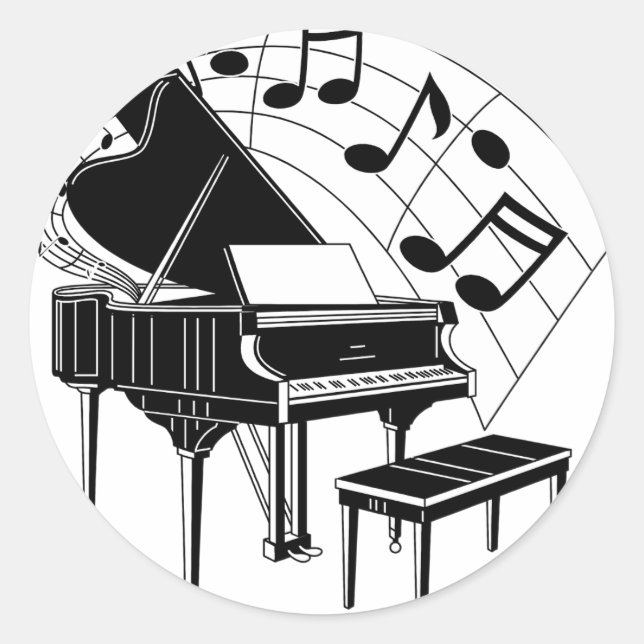 Pegatina Redonda Ilustracion en blanco y negro de Grand Piano y not (Anverso)