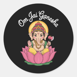 Pegatina Redonda Ilustración Espiritual Ganesha Loto Om Jai Diciend