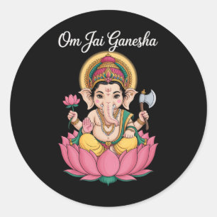 Pegatina Redonda Ilustración Espiritual Ganesha Loto Om Jai Diciend