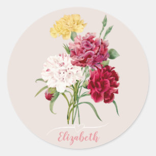 Pegatina Redonda Ilustracion floral de clavel vintage
