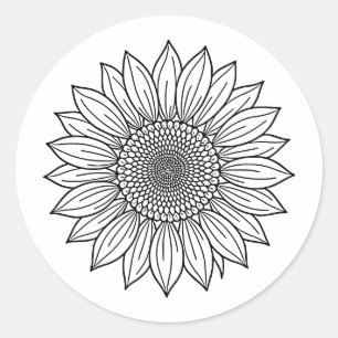 Pegatina Redonda Ilustración floral de girasol en arte de línea