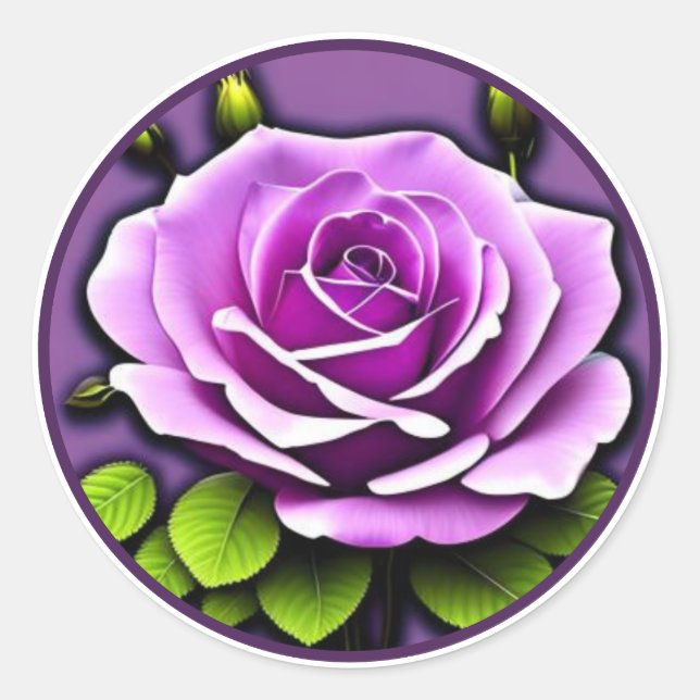 Pegatina Redonda Ilustracion floral Rosa violeta grande vibrante (Anverso)
