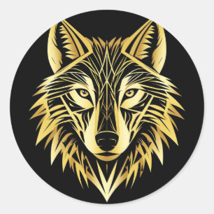 Pegatina Redonda Ilustración Geométrica de Lobo Dorado