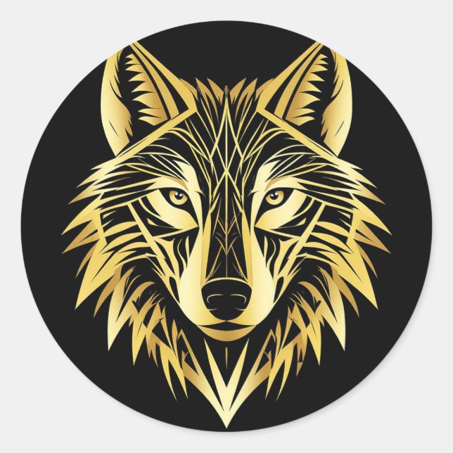 Pegatina Redonda Ilustración Geométrica de Lobo Dorado (Anverso)