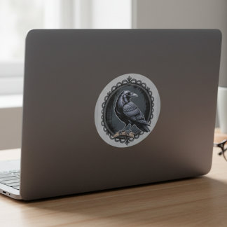 Pegatina Redonda Ilustración gótica de cuervo negro