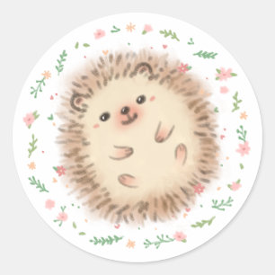 Pegatina Redonda Ilustracion Hedgehog & Flowers