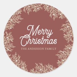 Pegatina Redonda ilustración hojas abeto corona de Navidad rojo