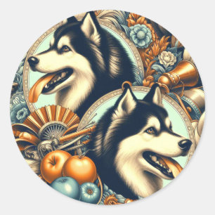 Pegatina Redonda Ilustracion Husky retro siberiano
