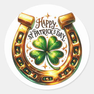 Pegatina Redonda Ilustracion Irlandés Green Clover Horseshoe