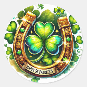 Pegatina Redonda Ilustracion Irlandés Green Horseshoe Shamrock