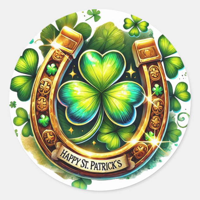 Pegatina Redonda Ilustracion Irlandés Green Horseshoe Shamrock (Anverso)