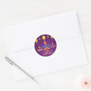 Pegatina Redonda Ilustracion luminoso Diwali rosa púrpura