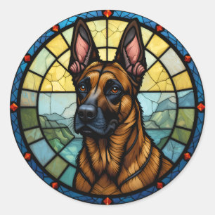 Pegatina Redonda Ilustracion Malinois con Estilo Vidrio Manchado de
