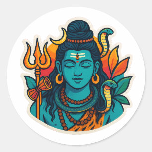 Pegatina Redonda Ilustración minimalista de Lord Shiva: Trishul, Da