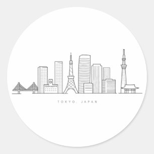 Pegatina Redonda Ilustración minimalista del horizonte de Tokio