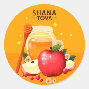 Pegatina Redonda Ilustración Moderna de Shana Tova Manzanas y Miel