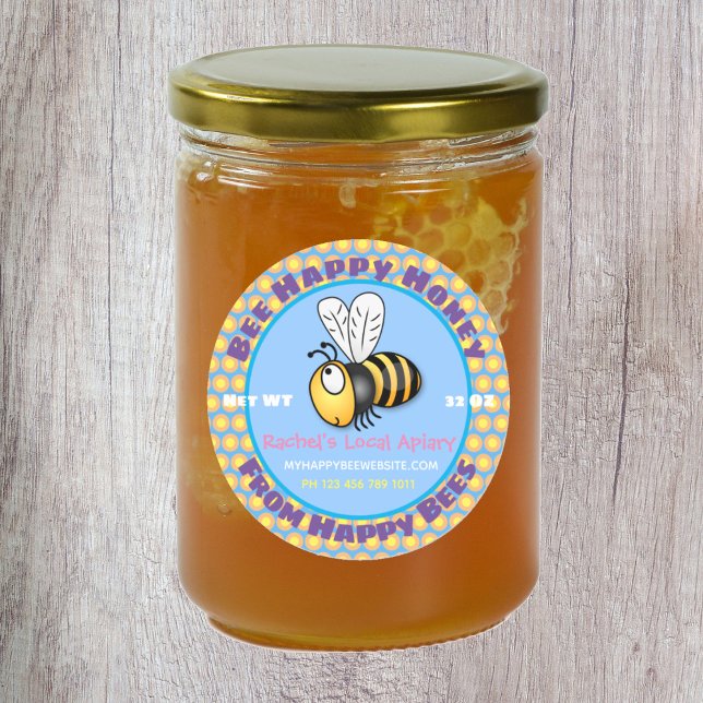 Pegatina Redonda Ilustracion personalizado azul de abeja dulce (Start your honey business buzzing with these cute bee labels!)