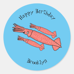 Pegatina Redonda Ilustracion personalizado de calamar rosa feliz